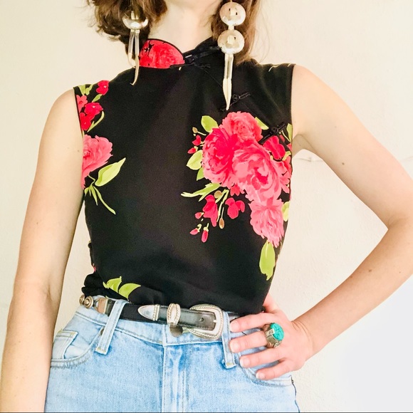 Vintage Tops - 90s VINTAGE Black Hot Pink Floral Chinese Tank Top